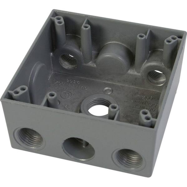 Greenfield 2 Gang Weatherproof Electrical Outlet Box with Five 1/2 in. Holes - Gray