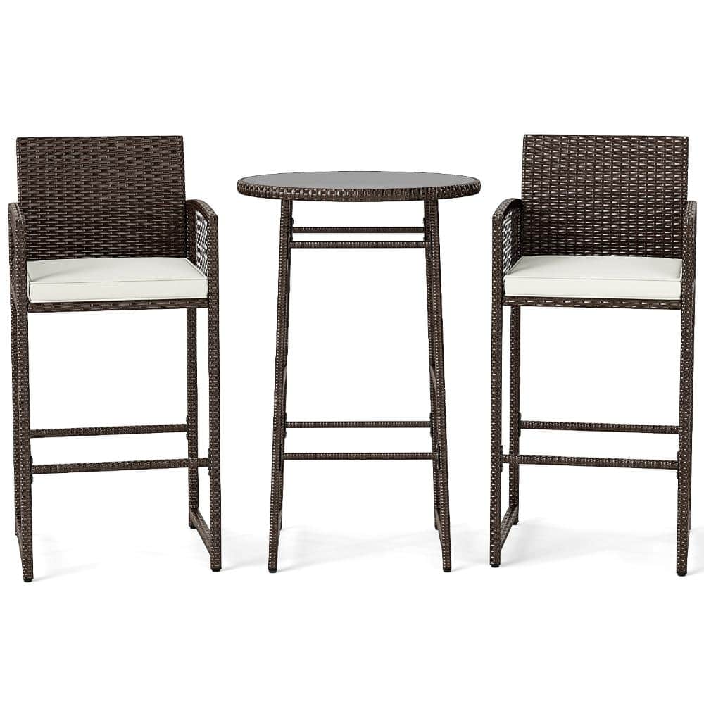3-Piece PE Rattan Outdoor Bar Set with Bar-Height Table, Armchairs and Cushions, White price history on PriceWatchPro