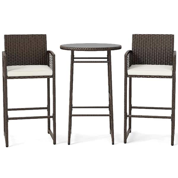 3-Piece PE Rattan Outdoor Bar Set with Bar-Height Table, Armchairs and Cushions, White