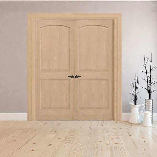 60 in. x 80 in. Universal Round Top Unfinished Red Oak Wood Double Prehung Interior French Door with Nickel Hinges
