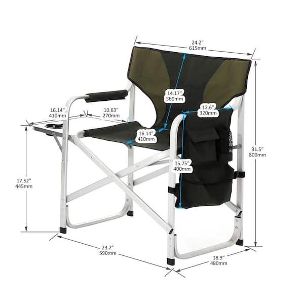 Upholstered Portable Oversized Director's Chair, Aluminium Fold-able with Side Table and Storage Bag, Green (Set of 2)