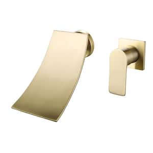 Single Handle Waterfall Wall Mounted Bathroom Faucet 2-Hole Brass Bathroom Basin Taps in Brushed Gold