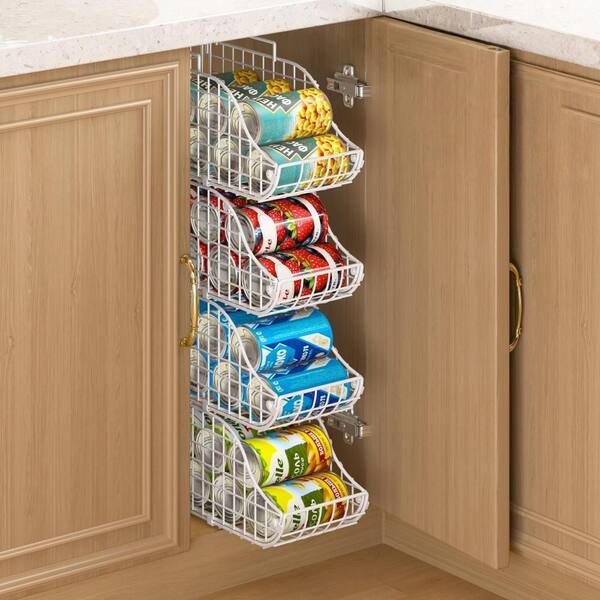 4-Pack Stackable Canned Food Organizer with Handles for Pantry Shelves, Can Storage, Foldable Wire Cabinet Shelf, White