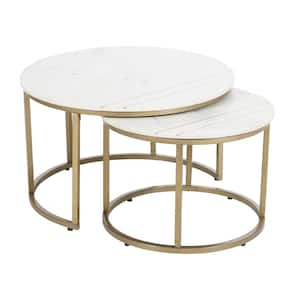 30 in. Kayla White and Gold Round Marble Top Material 2-pieces Nesting Coffee Table