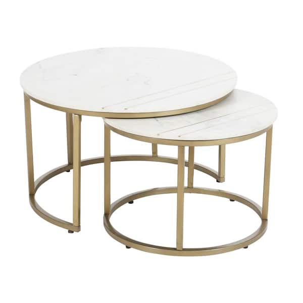 Coast to Coast imports 30 in. Kayla White and Gold Round Marble Top Material 2-pieces Nesting Coffee Table