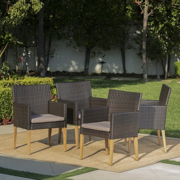 Noble House Barnett Multi-Brown Armed Plastic Outdoor Dining Chair with Mocha Cushions (4-Pack)