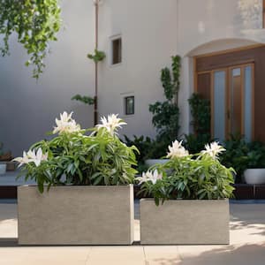 Modern 12 in., 16.5 in. High Large Tall Elongated Square Light Gray Outdoor Cement Planter Plant Pots Set of 2
