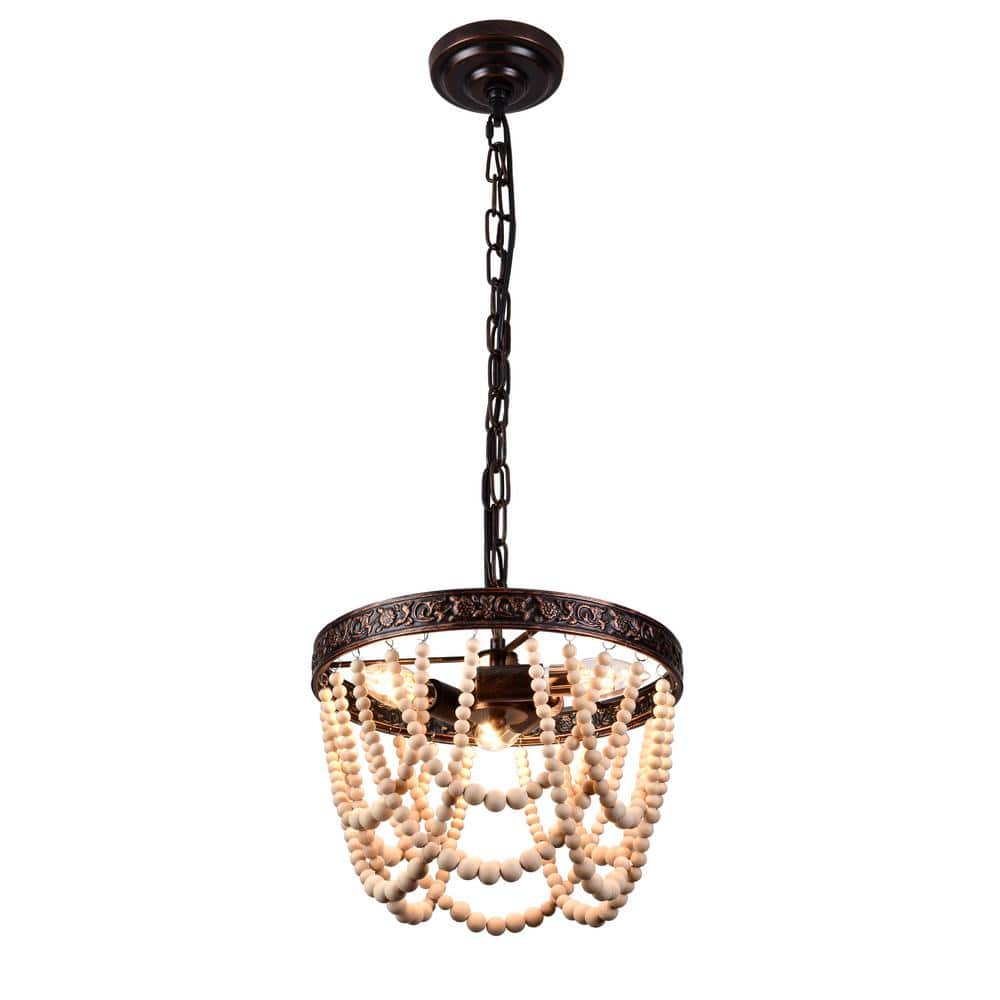 13 in. 3-Light Bronze Wood Beaded Pendant Light Bohemia Wood Ceiling Hangin