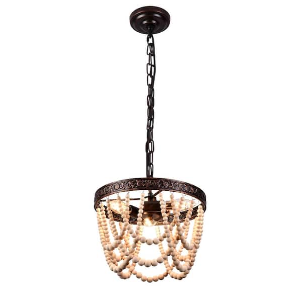 aiwen 13 in. 3-Light Bronze Wood Beaded Pendant Light Bohemia Wood Ceiling Hanging Light