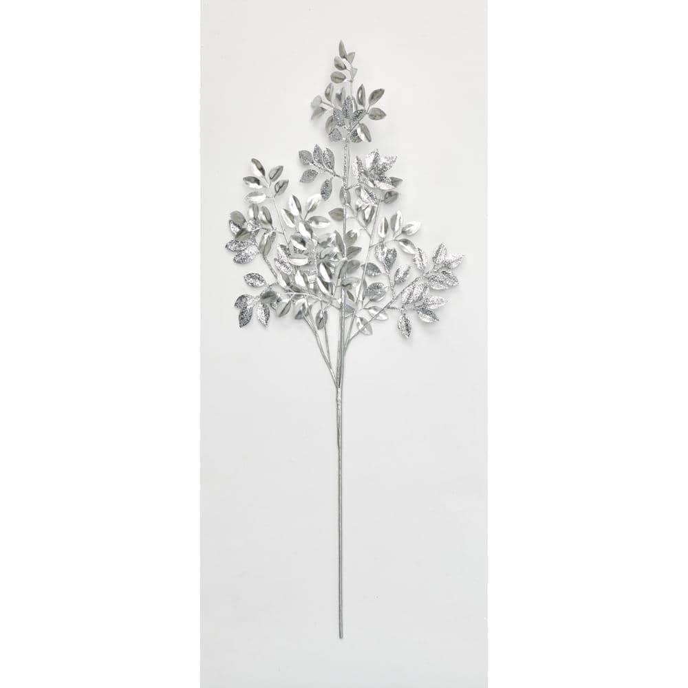 30 in. Glittered Leaves Spray, Silver (Set of 3)