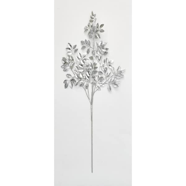 30 in. Glittered Leaves Spray, Silver (Set of 3)