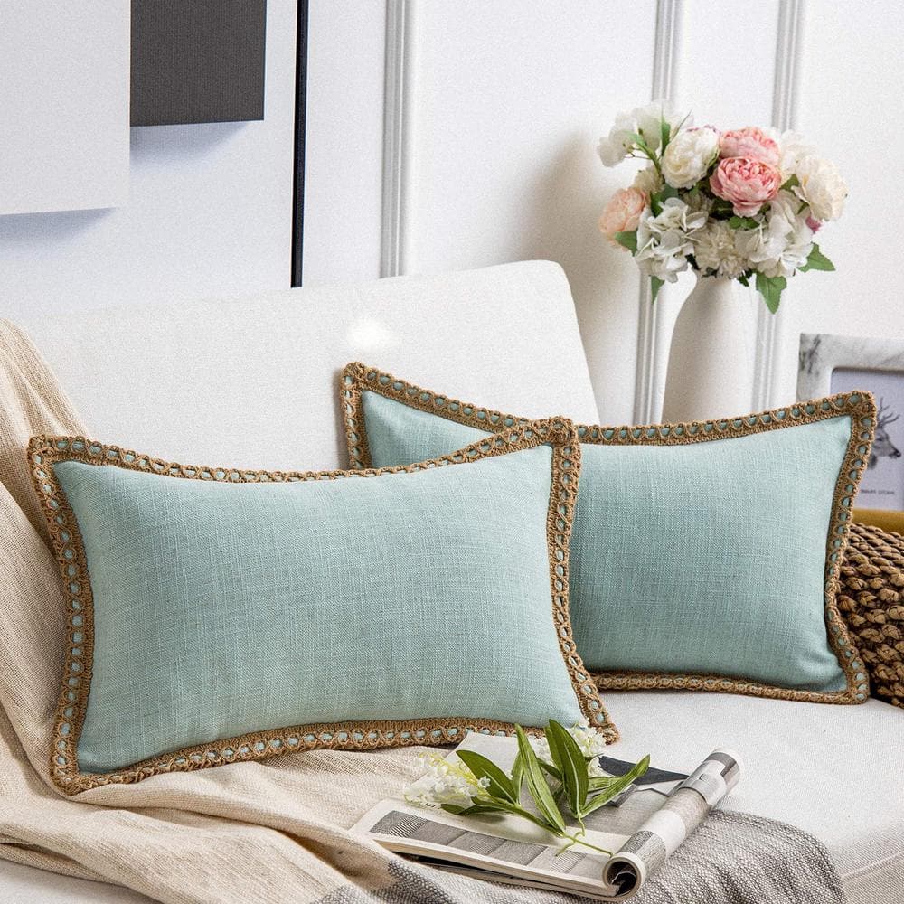Pack of 2 Decorative Throw Pillow Covers, Burlap Linen Trimmed, Light Turqu