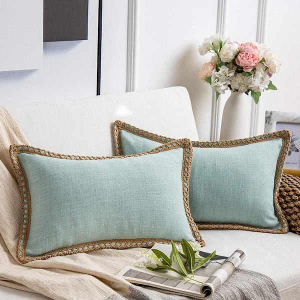 Unbranded Pack of 2 Decorative Throw Pillow Covers, Burlap Linen Trimmed, Light Turquoise