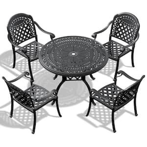 5-Piece Cast Aluminum Outdoor Dining Set Patio Furniture with Black Frame and Seat Cushions in Random Colors