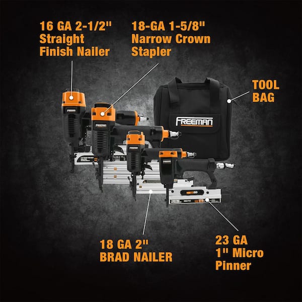 Pneumatic Finish and Trim Nailer and Staplers Combo Kit with Canvas Bag and Fasteners (3-Piece) Pneumatic Finish and Trim Nailer and Staplers Combo Kit with Canvas Bag and Fasteners (3-Piece)