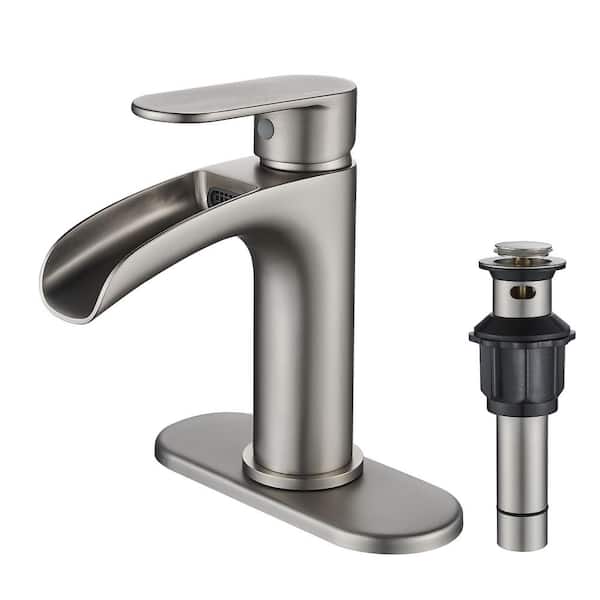 ANZA Single Handle Single Hole Bathroom Waterfall Faucet with Deckplate Bathroom Sink Faucets in Brushed Nickel