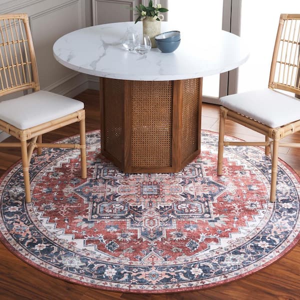 Arizona Brown/Blue 6 ft. x 6 ft. Distressed Border Ornate Machine Washable Round Area Rug