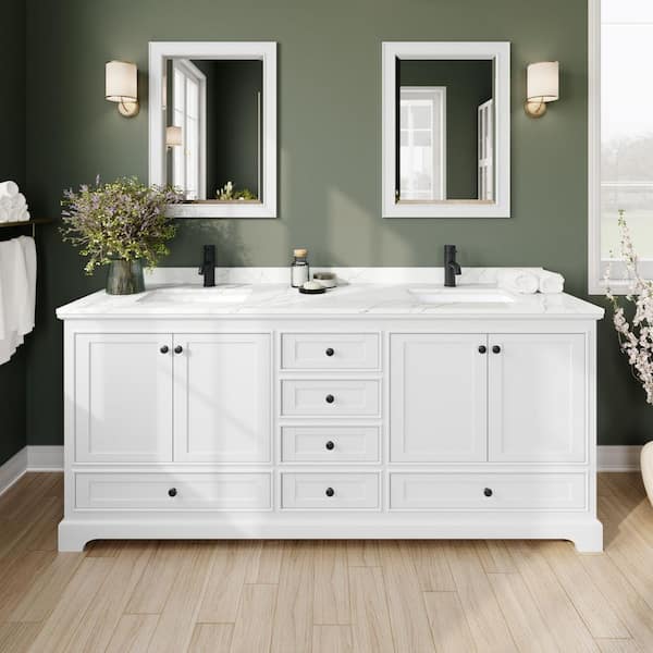 Wyndham Collection Deborah 80 in. W x 22 in. D x 35 in. H Double Bath Vanity in White with Giotto Quartz Top and 70 in. Mirror