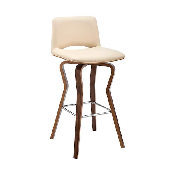 Walnut Wood Bar Stool 36 In Height, Cream Colored Leather Bar Stools