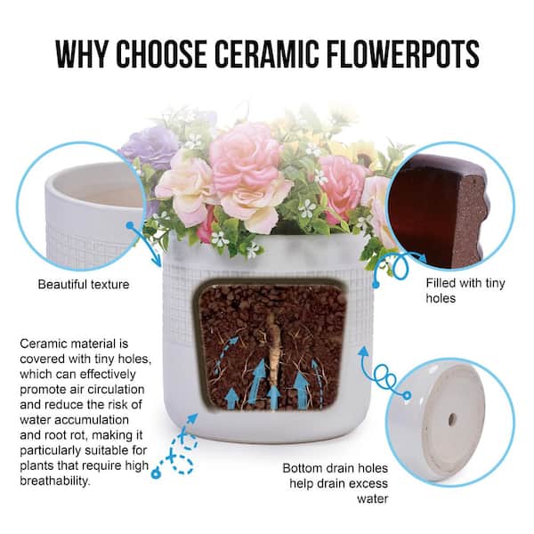 Set of 3 9.65 in. Round Ancient White Ceramic Flower Pot with Drainage-Frost Resistant Planter for Indoor Outdoor