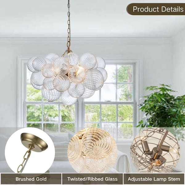 Neuvy 3-Light 23.6 in. W Brass Chandelier with Swirled-Glass Orb Cluster Bubble Ribbed Glass Chandelier for Living Room