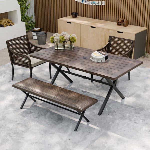 4-Piece Wicker Brown Outdoor Dining Patio Set with Wooden Table, Woven Rattan Chairs, Bench and Beige Cushions