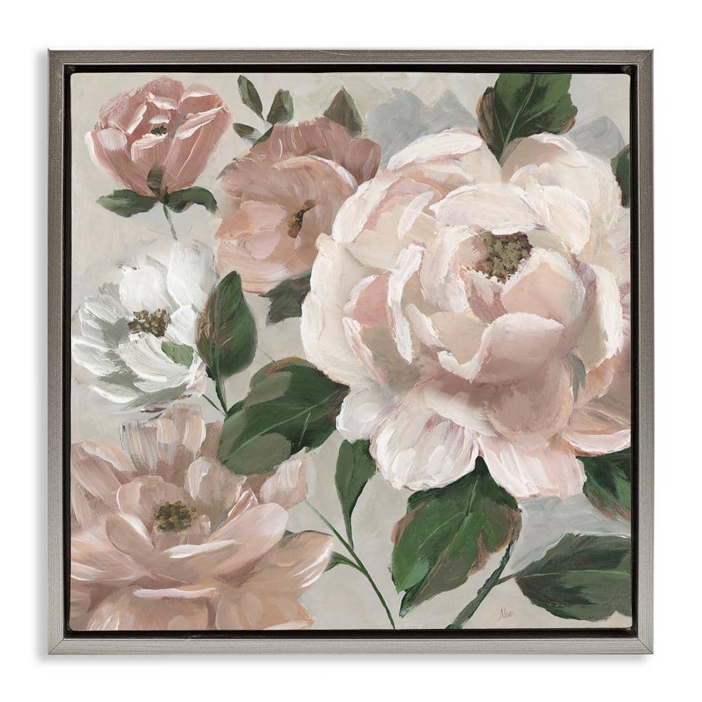 Delicate Blush Peonies with Leaves Gray Framed Floater Canvas Wall Art, design by Nan price history on PriceWatchPro