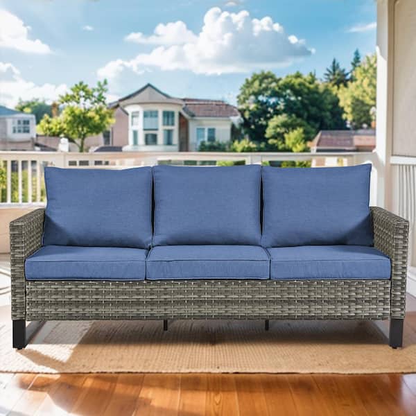 Valenta Gray Wicker 3-Seater Sofa Outdoor Couch with Thick Deep CushionGuard Blue Cushions