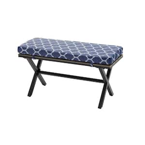 Laguna Point Brown Steel Wood Top Outdoor Patio Bench with CushionGuard Midnight Trellis Navy Blue Cushions