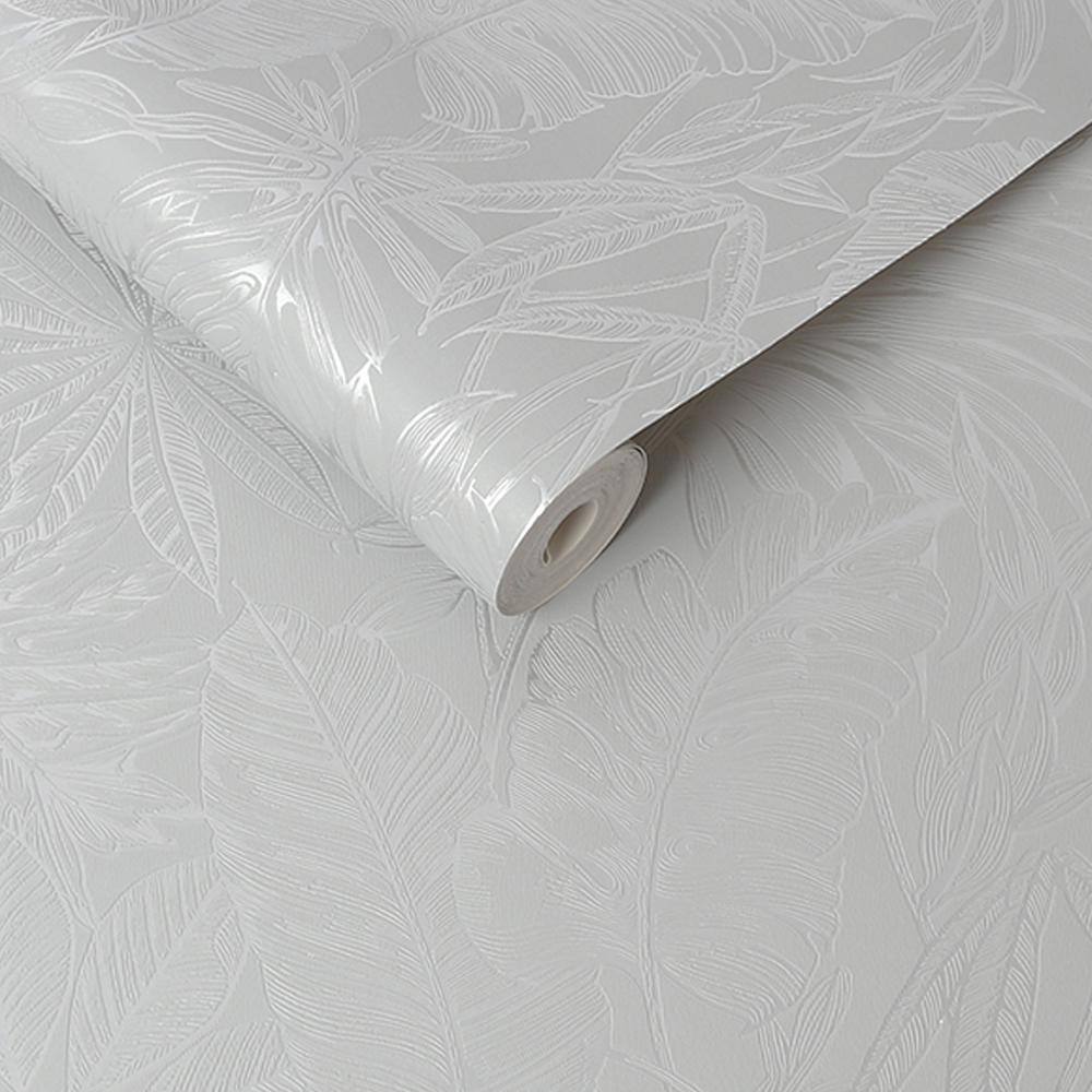 Ginkgo Metallic Silver and Grey Botanical Wallpaper Sample