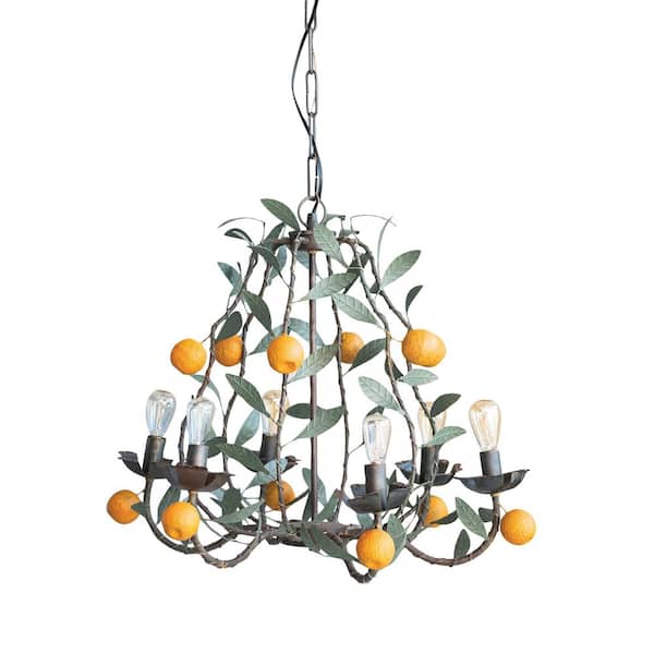 6-Lights Antique Green and Orange Leaves and Tangerines Metal Tole Chandelier