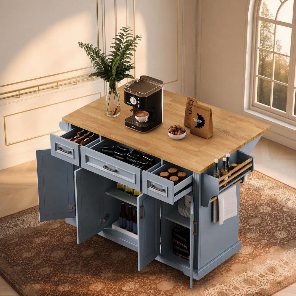 Farmhouse Gray Blue Wood 54 in. Drop Leaf Embossed Texture Rolling Storage Kitchen Island Cart with 3-Drawer and 4-Door