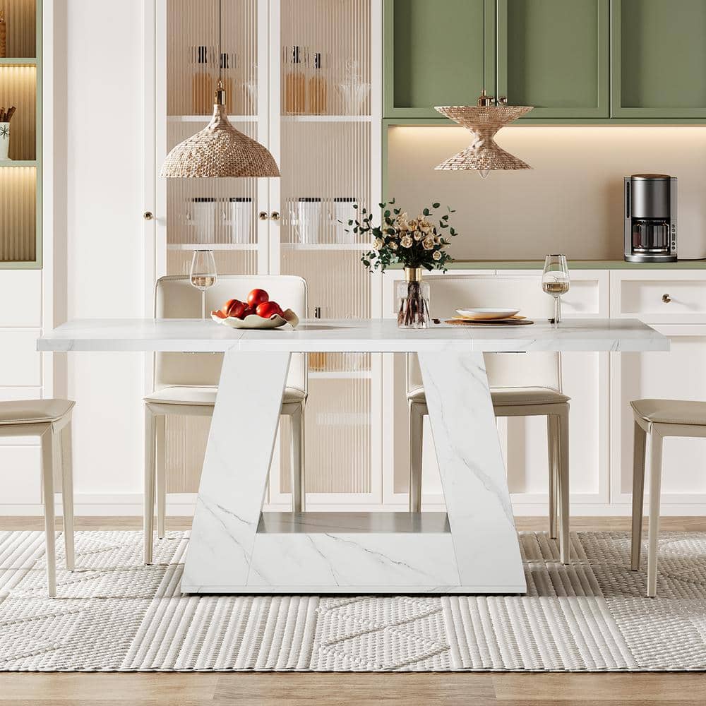 White Faux Marble Rectangular Dining Table with Trapezoidal Base