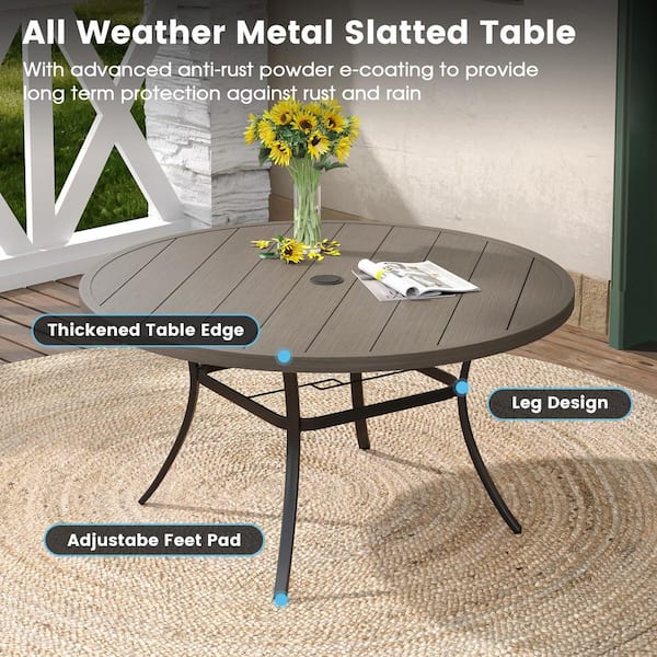 Erovio 50 in. Gray Wood-Like Round Metal Outdoor Dining Table for
