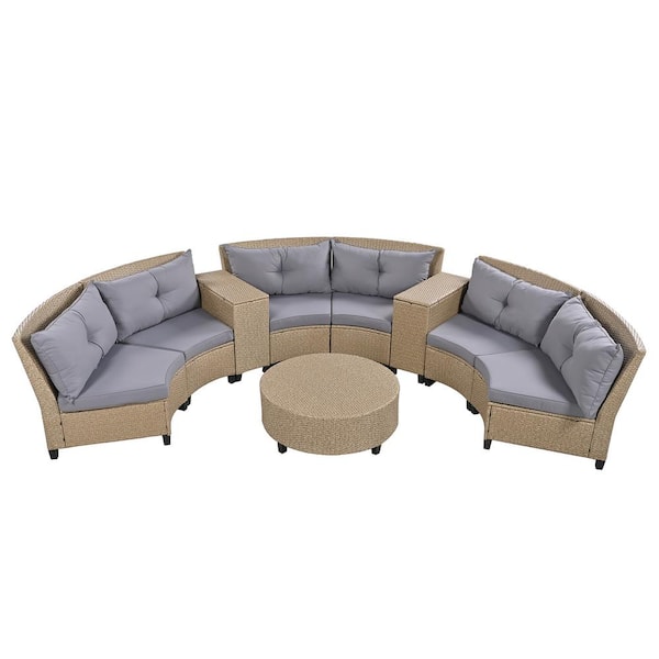 Polibi Brown 9-Pieces Fan Shaped Patio Rattan Outdoor Conversation Sets with Gray Cushions and Table