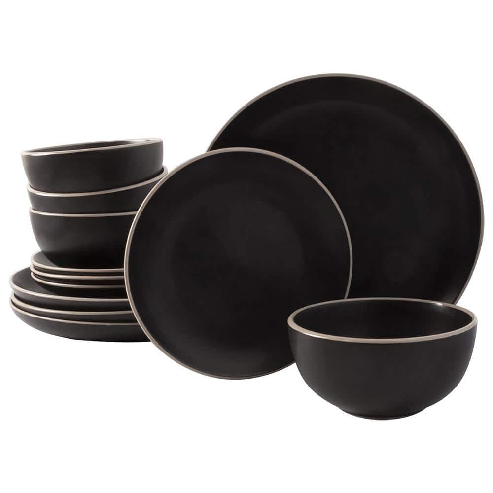 Black Ceramic 12-Piece Dinnerware Set with Glossy Rim