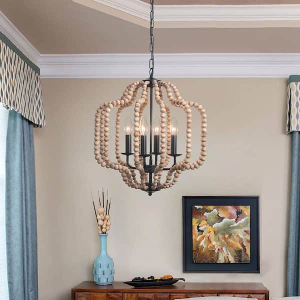 Richmond 4-Light Brown Boho Beaded Chandelier Candle Style Geometric Pendant Lighting with Beads