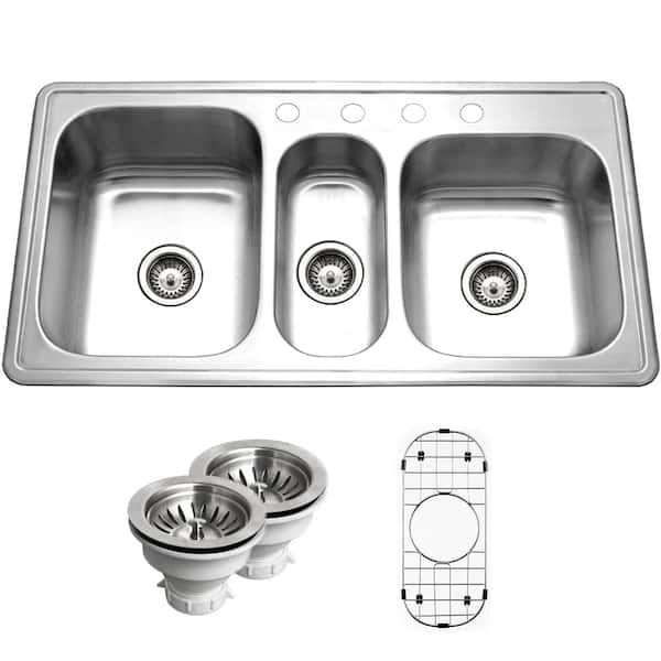 HOUZER Houzer Premier 41 in. Stainless Steel Topmount 4-hole Triple Bowl Kitchen Sink with Strainer and Grid - PGT-4322-C