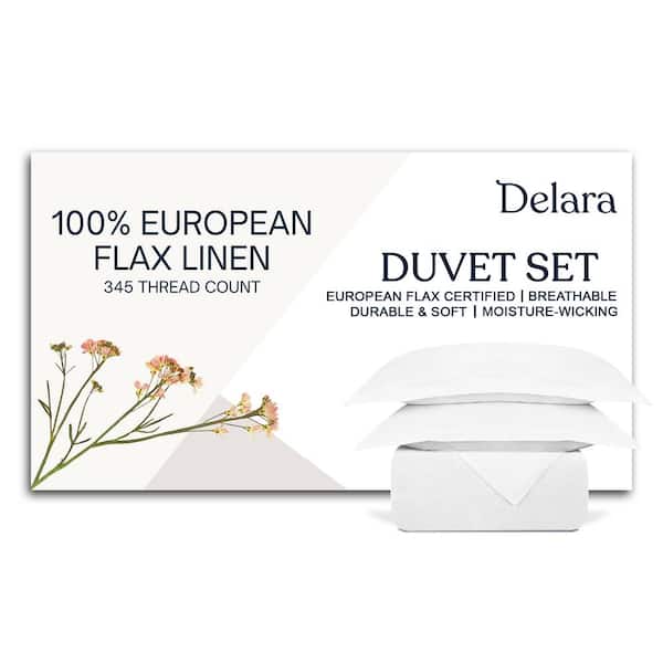 Delara 3-Piece Set White Solid Color 100% European Flex Linen, King, Smooth & Breathable, Super Soft, Duvet Cover Sets