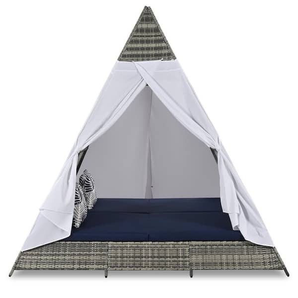 90.5 in. Gray Wicker Outdoor Day Bed with Blue Cushions and Colorful Pillows