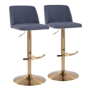 Toriano 33 in. Blue Fabric and Gold Metal Adjustable Bar Stool with Rounded T Footrest (Set of 2)