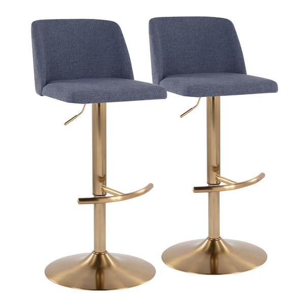 Lumisource Toriano 33 in. Blue Fabric and Gold Metal Adjustable Bar Stool with Rounded T Footrest (Set of 2)