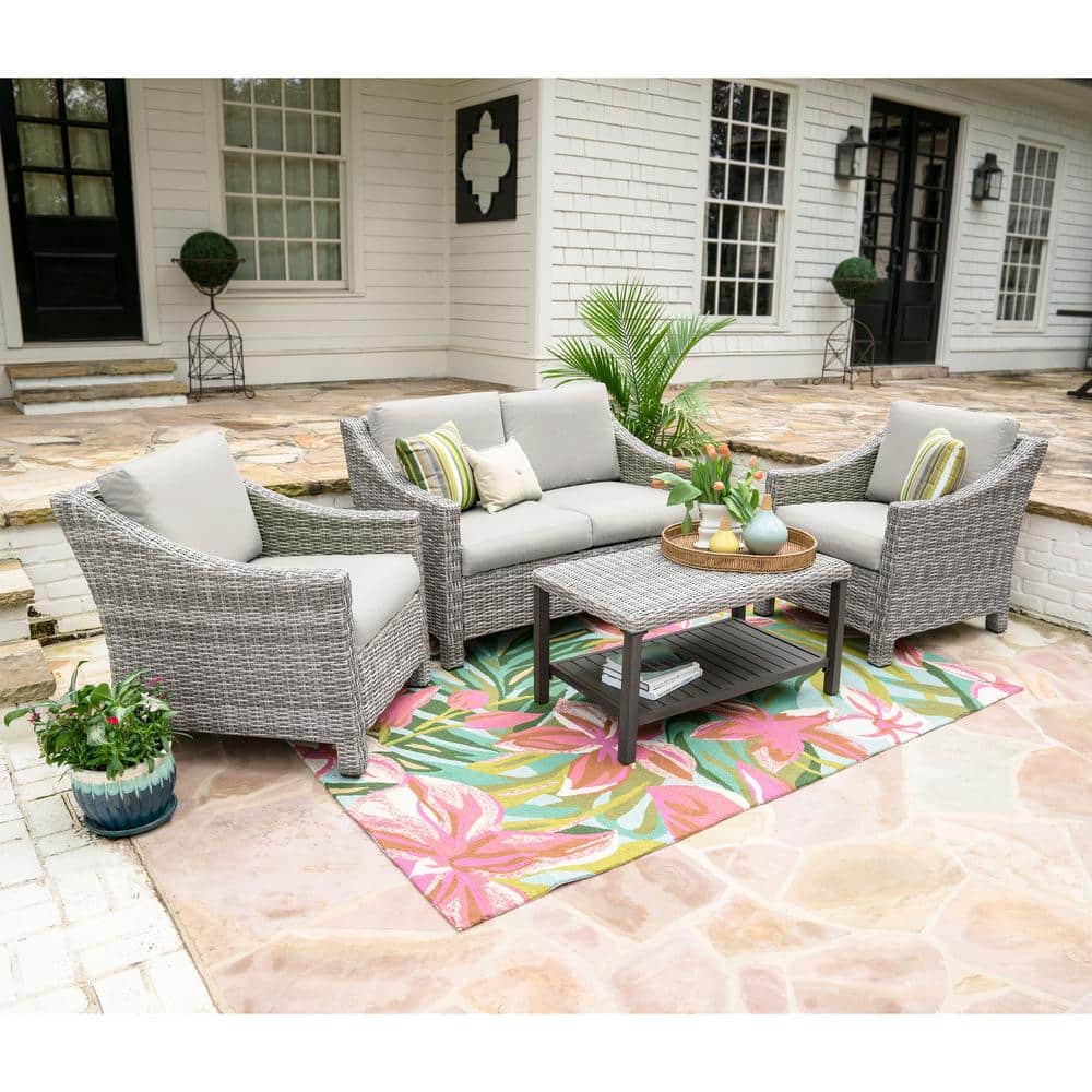 Leisure Made Marietta 4Piece Wicker Patio Conversation Set with Sunbrella Cast Ash Cushions