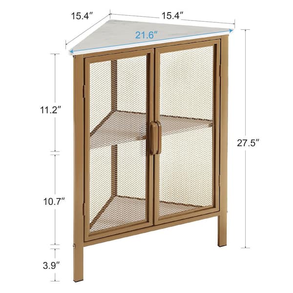 3-Tier Corner Shelf, Metal Frame Multipurpose Corner Table Wood Triangle Bookshelf with Protection Door，Gold，15.4 in. W