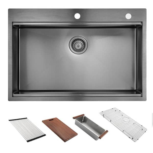 36 in. Drop-In Single Bowl 16 Gauge Gunmetal Black Stainless Steel Kitchen Sink with Bottom Grids