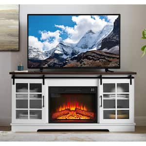 59 in. Freestanding Electric Fireplace TV Stand with 2 Sliding Fluted Glass Doors in White