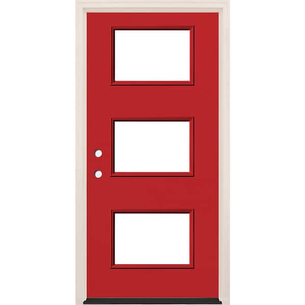Builders Choice 36 in. x 80 in. Right-Hand/Inswing 3 Lite Clear Glass Ruby Red Painted Fiberglass Prehung Front Door w/6-9/16 in. Frame