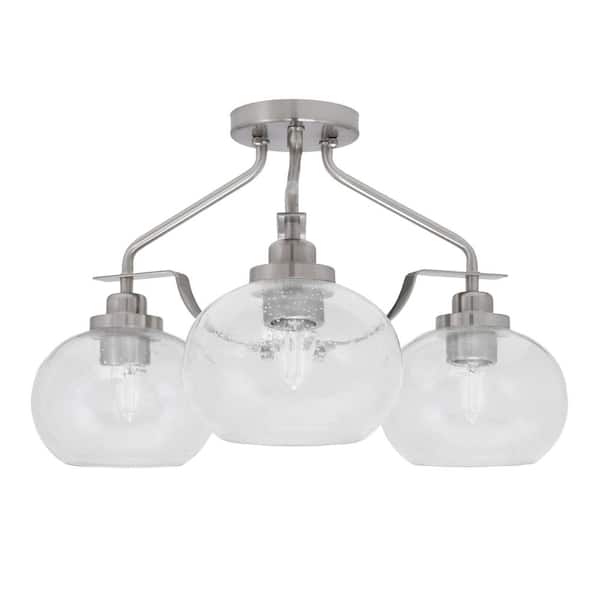 Unbranded Zara 18 in. 3-Light Brushed Nickel Semi-Flush with 7 in. Clear Bubble Glass Shades No Bulbs Included