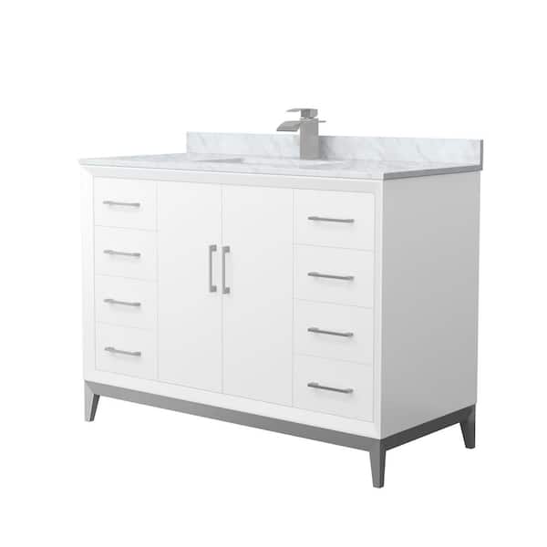Wyndham Collection Amici 48 in. W x 22 in. D x 35.25 in. H Single Bath Vanity in White w/Brushed Nickel Trim with White Carrara Marble Top