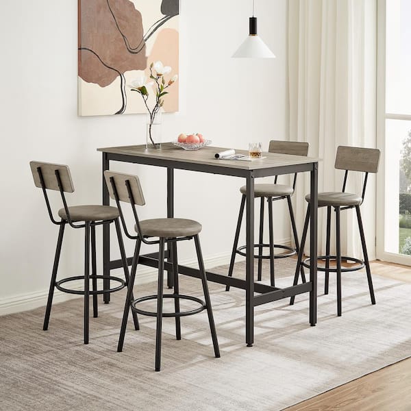 Unbranded 5-Piece Rustic Gray Wood Top Bar Table and Chairs Set with 4 PU Upholstered Seat Stools, Dining Table Set for 4